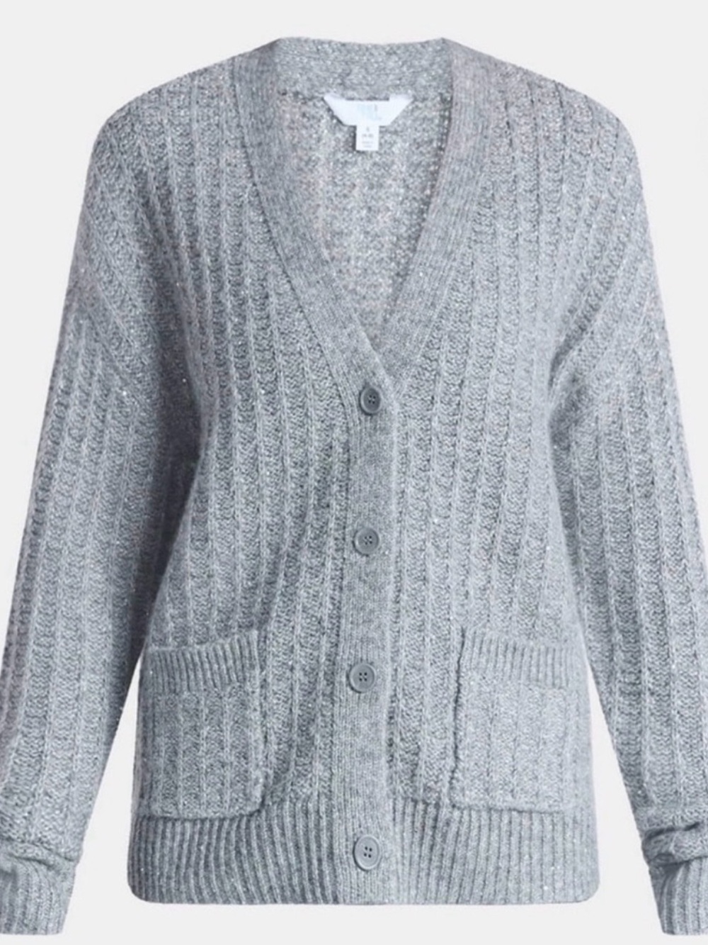 Time and Tru Women's XS Gray Heather Sequin Button Front Pocket Cardigan Sweater - Picture 3 of 13
